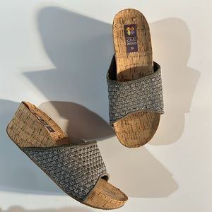Zee Alexis Grey Metallic Woven Slide Style Sandal Genuine Cork Wedge & Foot Bed